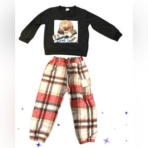 Kids Black Sweatshirt and Plaid Pants Set